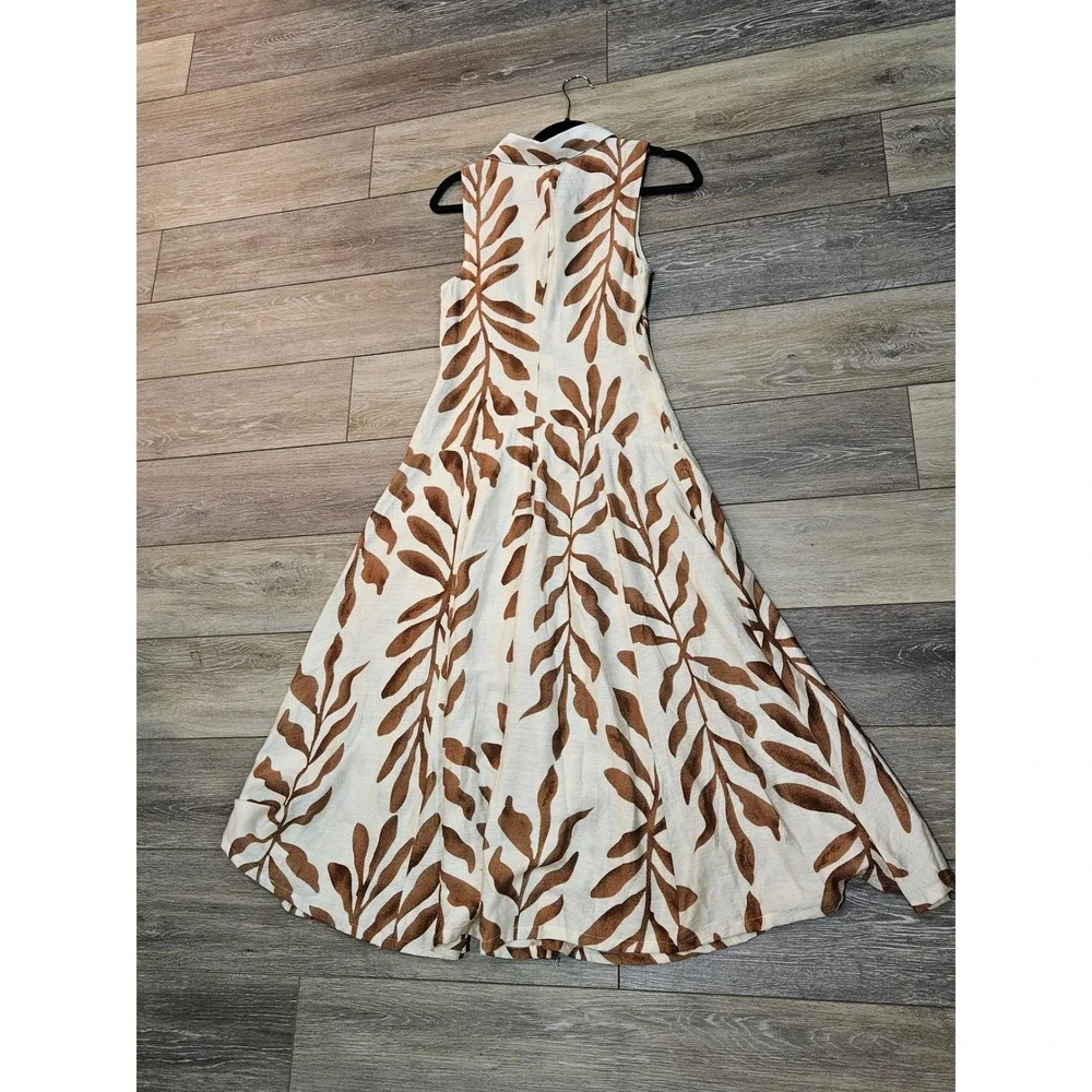 Kariella Women Small Brown Cream Leaf Print Sleeveless Button Front Midi Dress